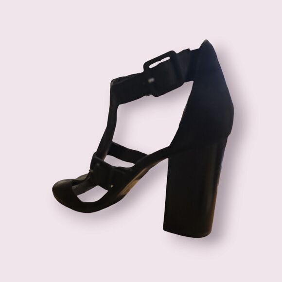 Aldo Black Suede Block Heels Size 8 Meygan-93 BUCKLE SANDAL PEEP TOE - Picture 12 of 16